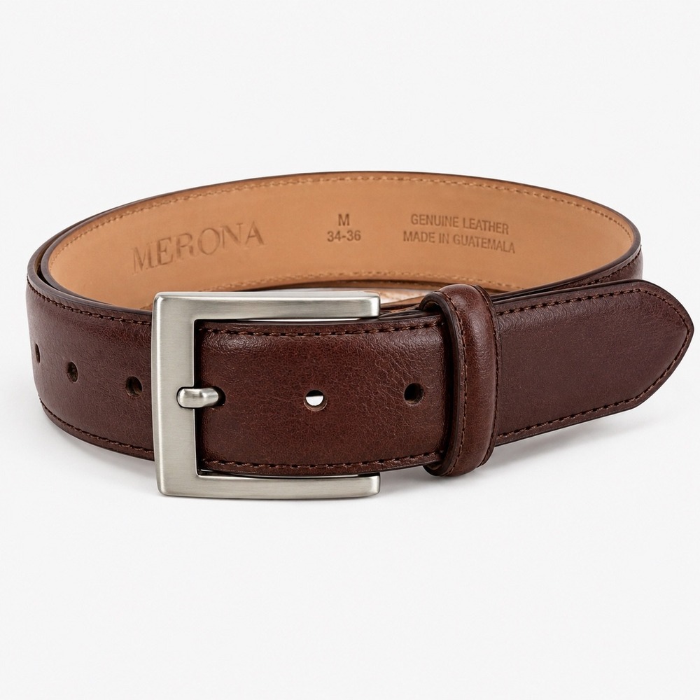 Merona Men's Brown Leather Belt Size M 34-36 Silver Buckle Classic Dress Casual